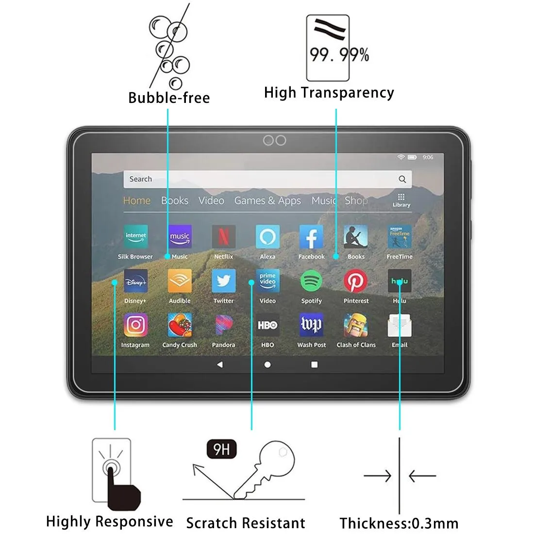 2-Pack Tempered Glass Film For Amazon Kindle Fire Hd 8 Plus 2020 - 9H 0.3Mm Explosion-Proof