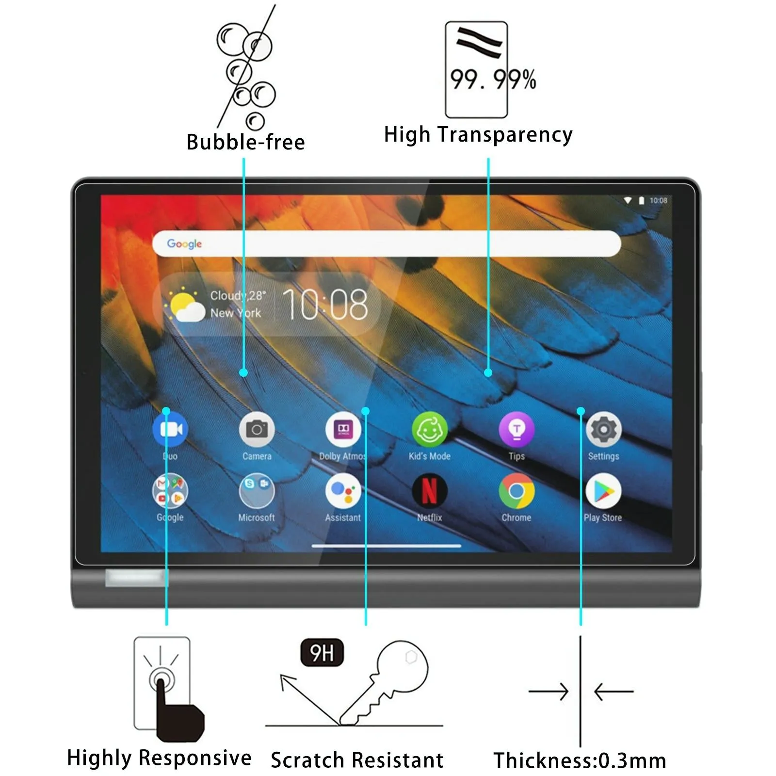 2-Pack Tempered Glass Film For Lenovo Yoga Smart Tab - 9H 2.5D Explosion-Proof