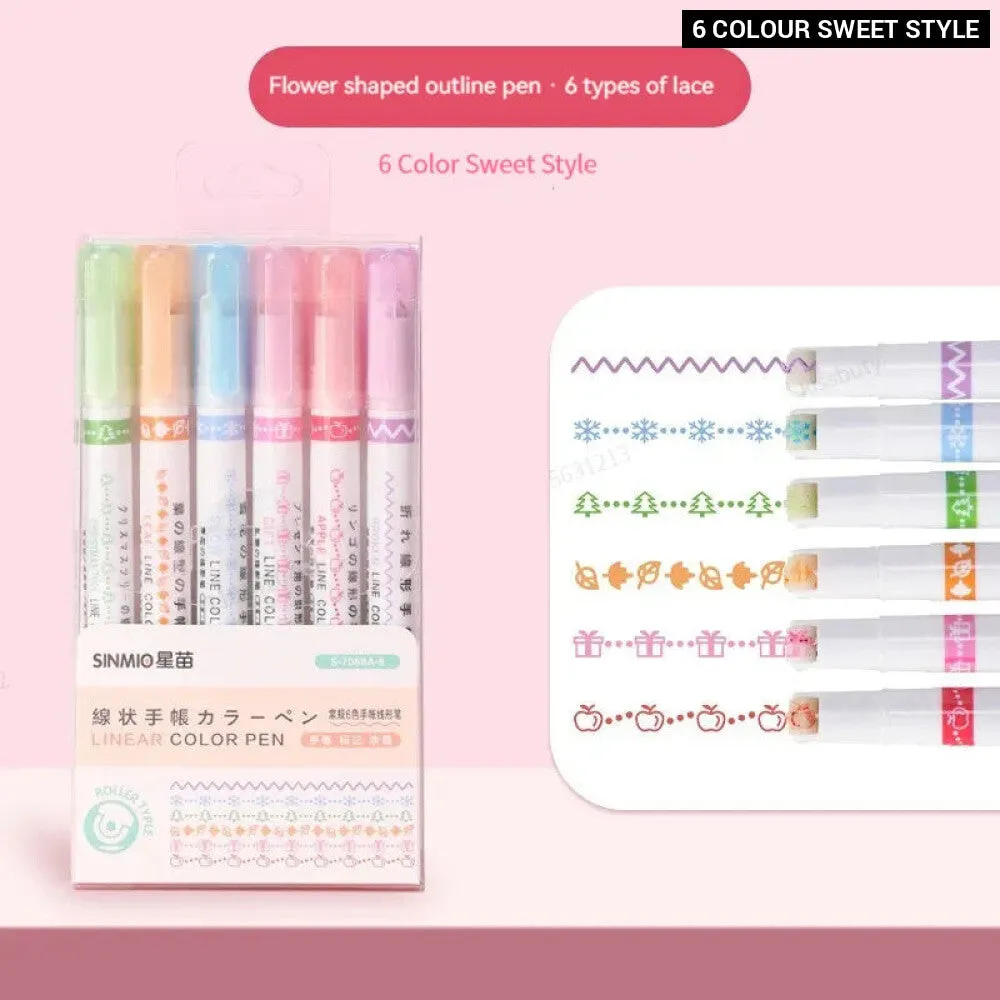 6 Pieces Highlighter Roller Tip Curve Liner Marker Pens Kawaii Korean Stationery