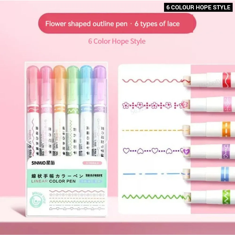 6 Pieces Highlighter Roller Tip Curve Liner Marker Pens Kawaii Korean Stationery