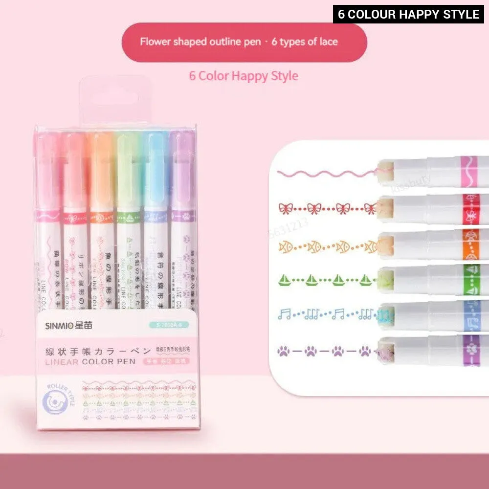 6 Pieces Highlighter Roller Tip Curve Liner Marker Pens Kawaii Korean Stationery