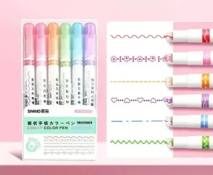 6 Pieces Highlighter Roller Tip Curve Liner Marker Pens Kawaii Korean Stationery