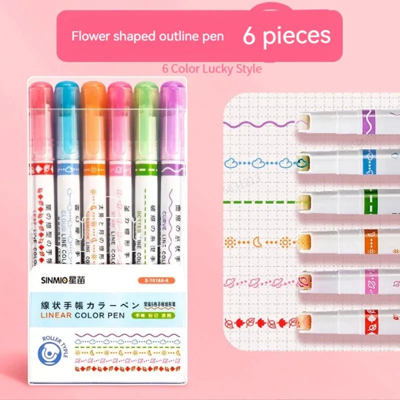 6 Pieces Highlighter Roller Tip Curve Liner Marker Pens Kawaii Korean Stationery